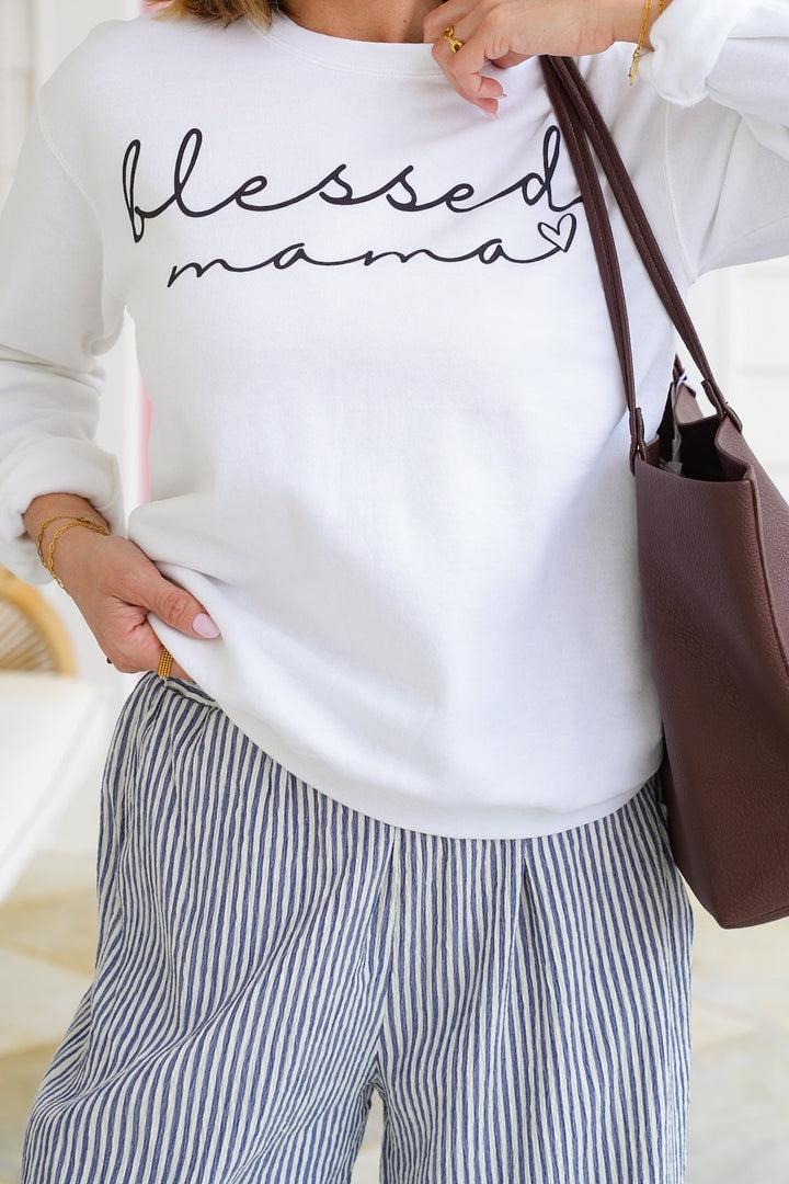 Plus/Reg White Long Sleeve "Blessed Mama" Graphic Sweatshirt
