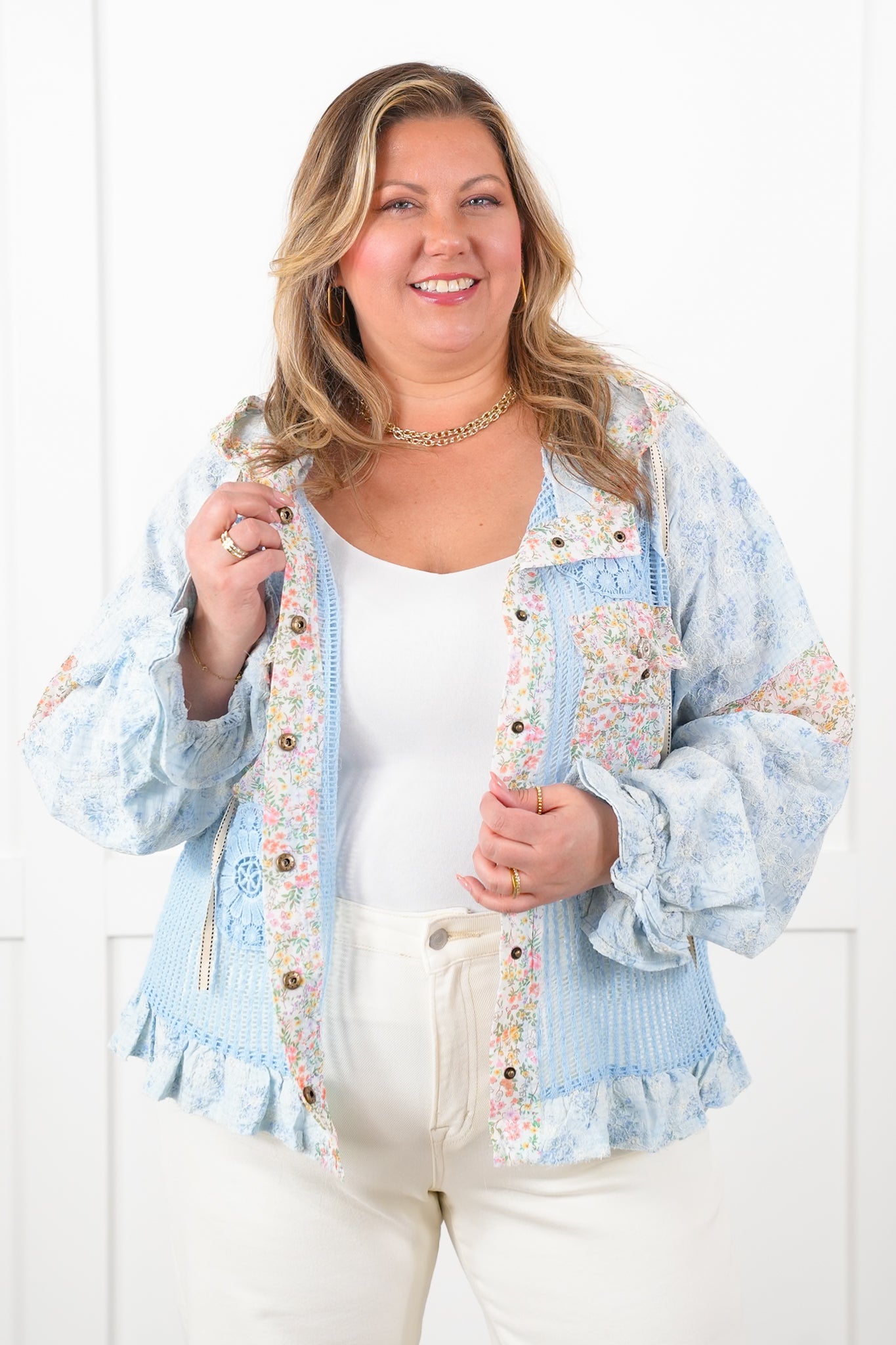 POL Crochet and Floral Long Sleeve Hooded Jacket