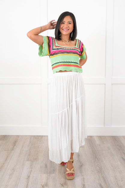 POL Multi Stripe Short Sleeve Square Neck Crop Sweater Top
