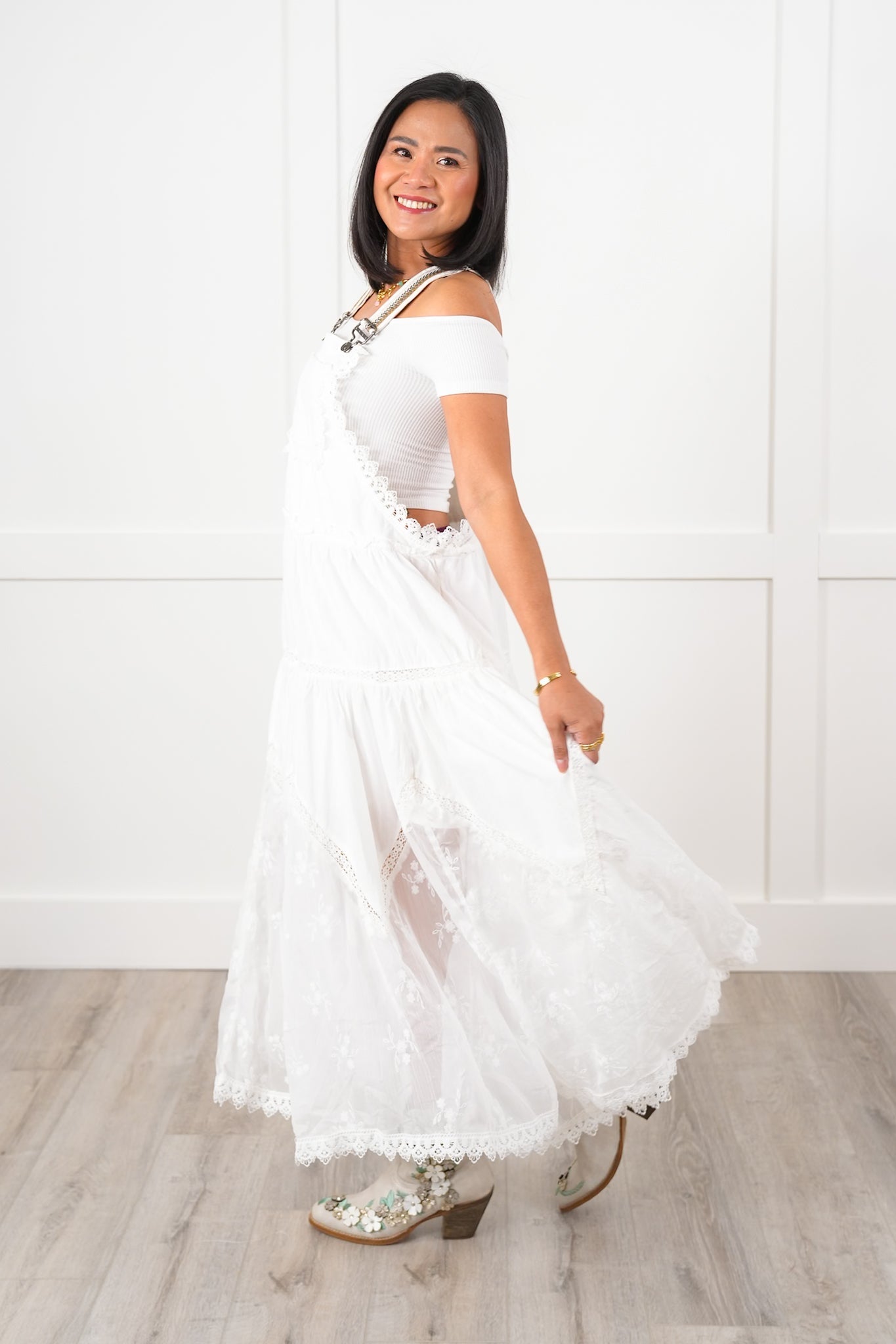 White Overall Dress with Embroidery Detail