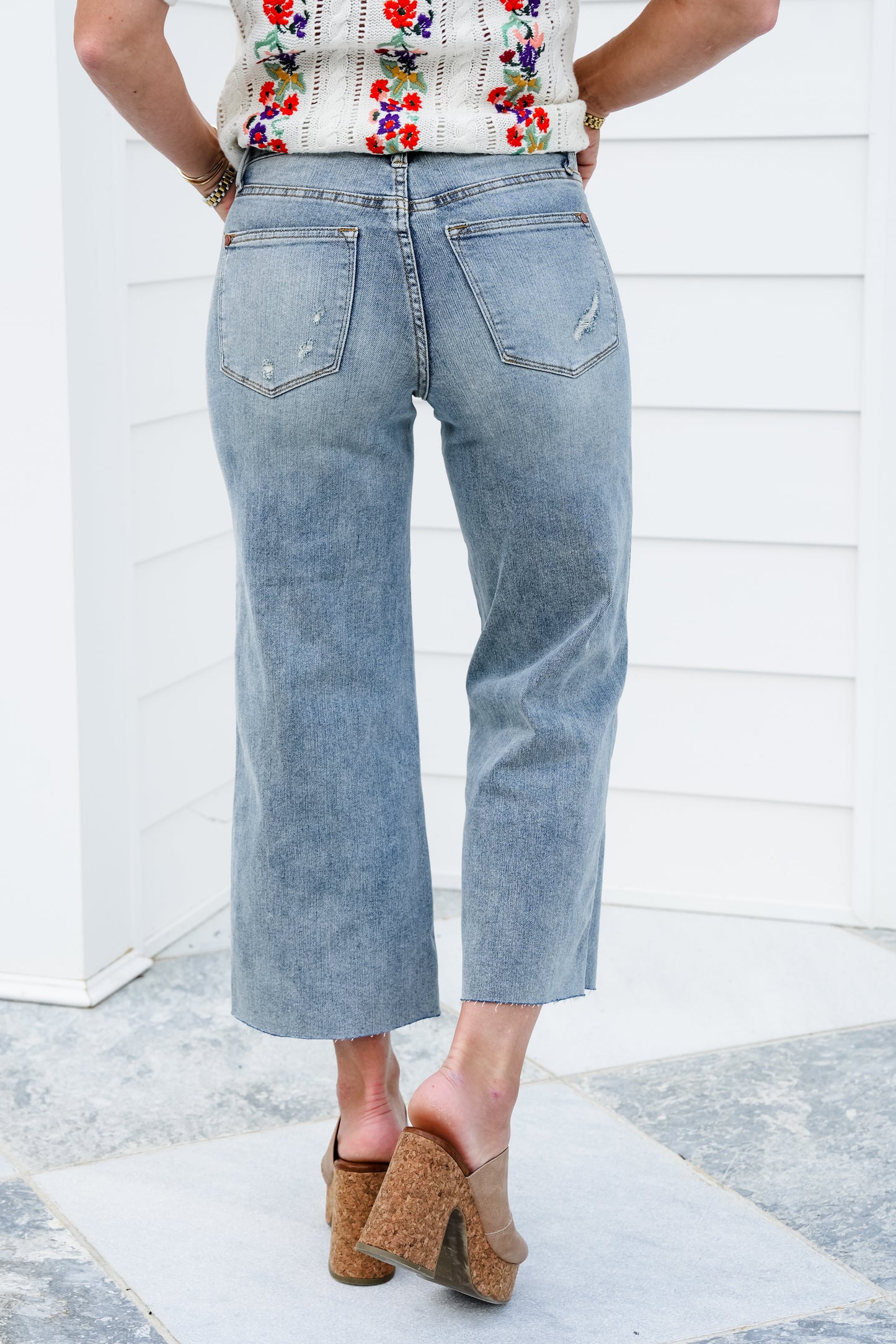 Judy Blue The Olivia Mid Rise Light Wash Tummy Control Raw Hem Cropped Wide Leg Jeans