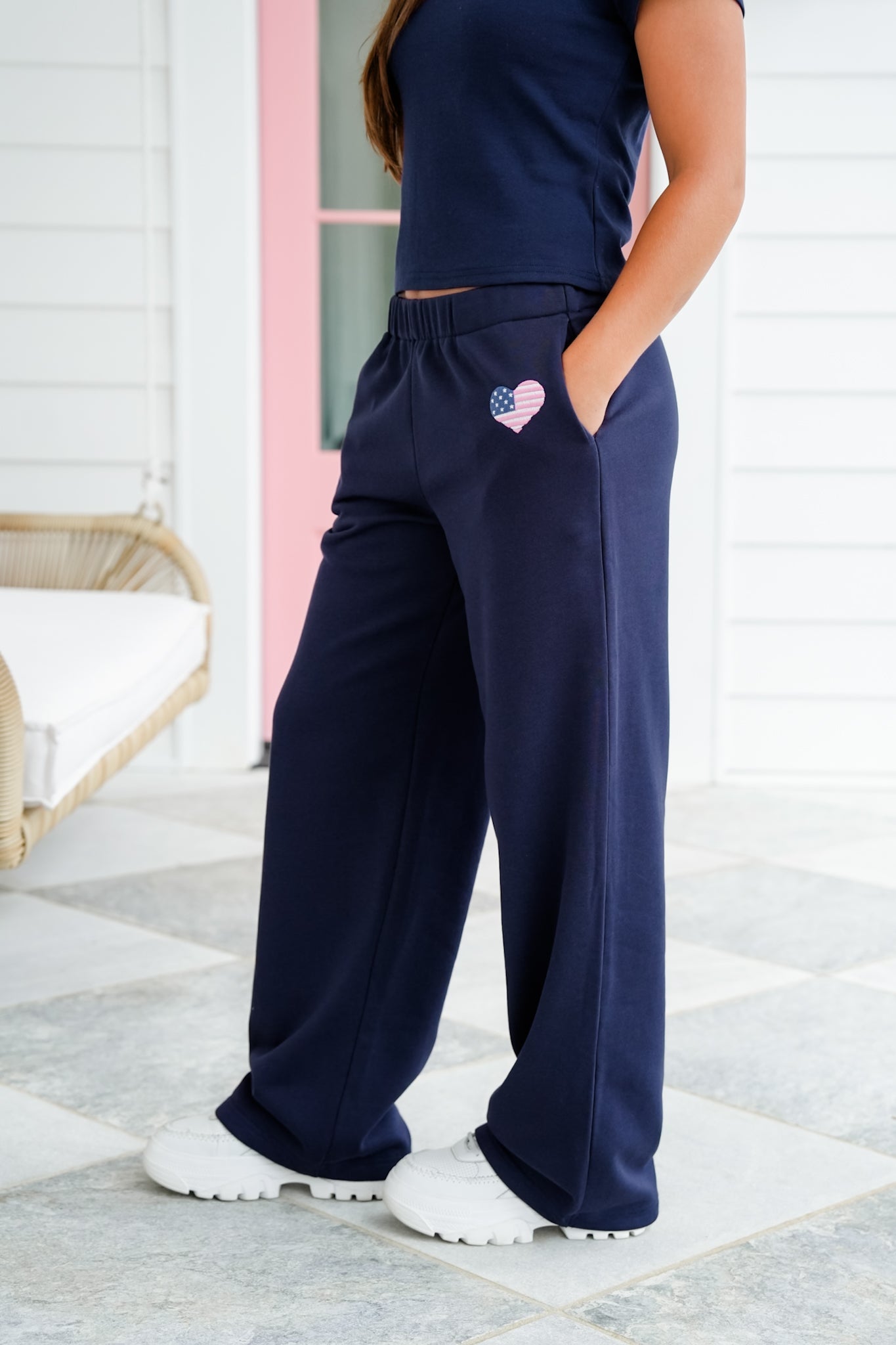 Navy Elastic Waist Sweat Pants with Embroidered American Flag Heart Detail
