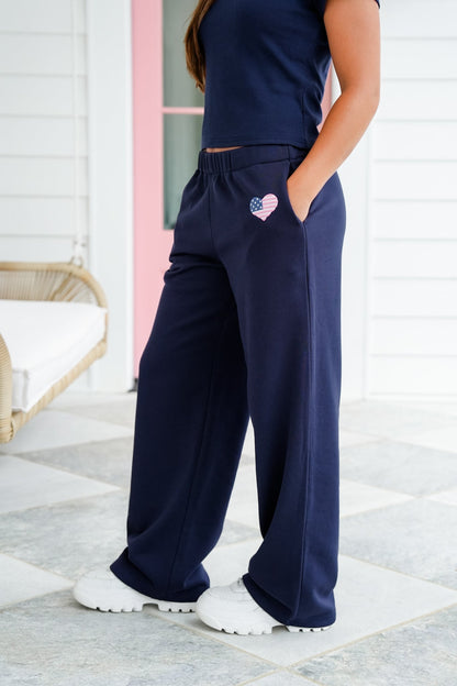 Navy Elastic Waist Sweat Pants with Embroidered American Flag Heart Detail
