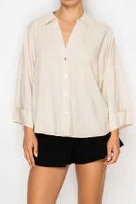 Plus/Reg White Linen Blend 3/4 Sleeve Button Down Top