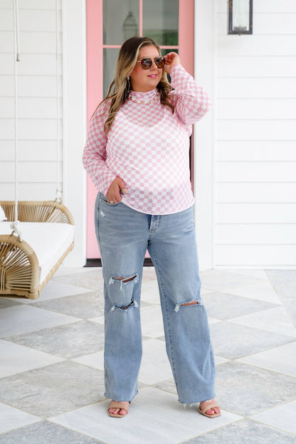 Plus/Reg Checkered Mesh Long Sleeve Mock Neck Top
