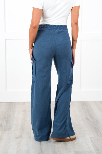 Mid Rise Elastic Waist Flare Leg Cargo Pants