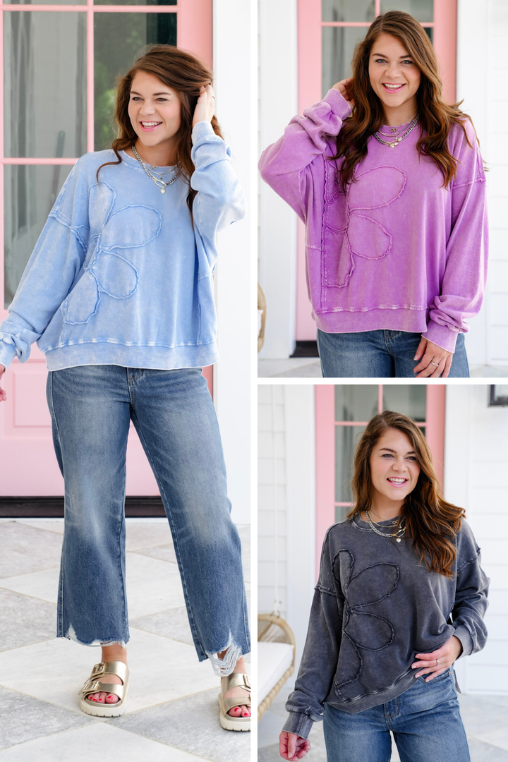Mineral Wash Long Sleeve Sweatshirt with Floral Patch Detail