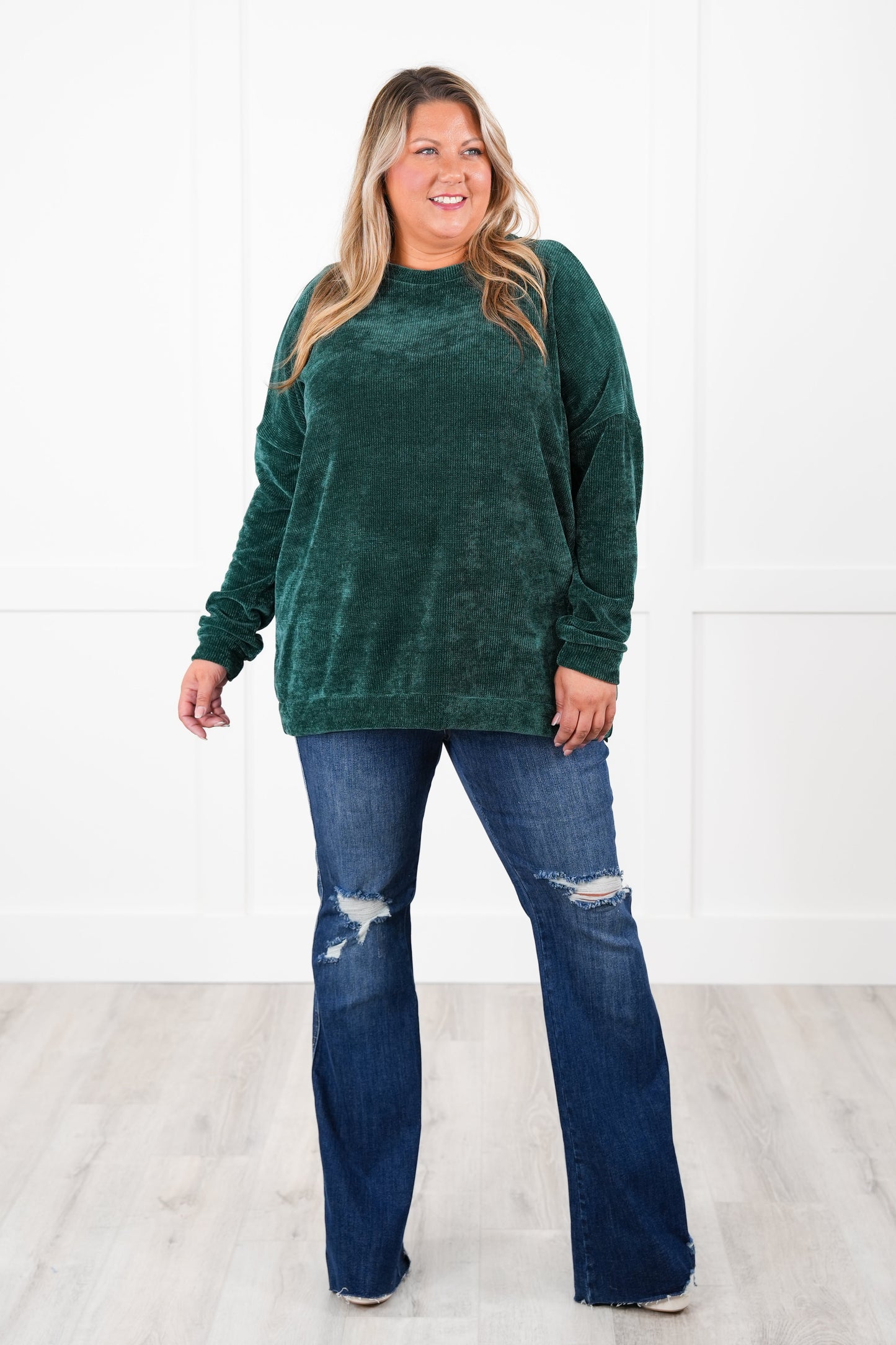 Plus/Reg Solid Chenille Long Sleeve Round Neck Top (Multiple Colors)