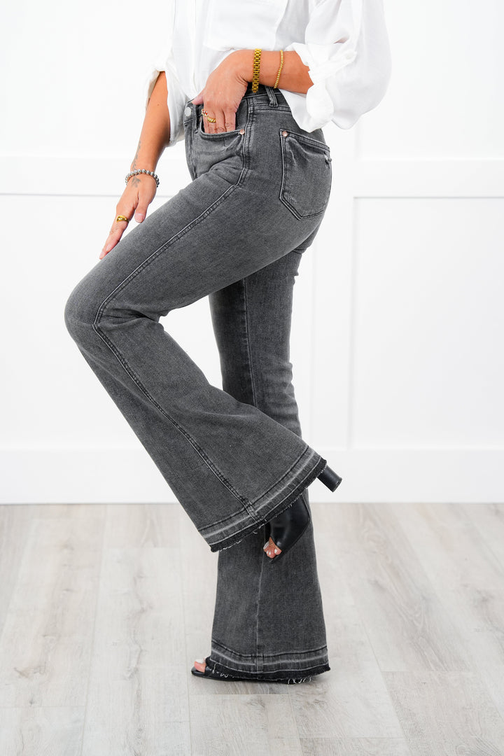 Judy Blue  The Luna Mid Rise Washed Gray Tummy Control Release Hem Flare Jeans