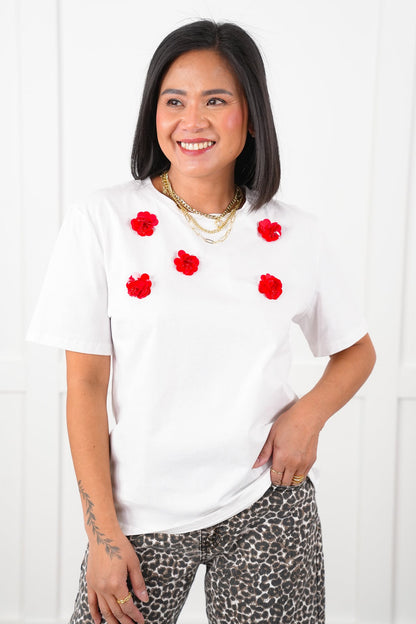 Short Sleeve Tee Shirt with Flower Applique Detail