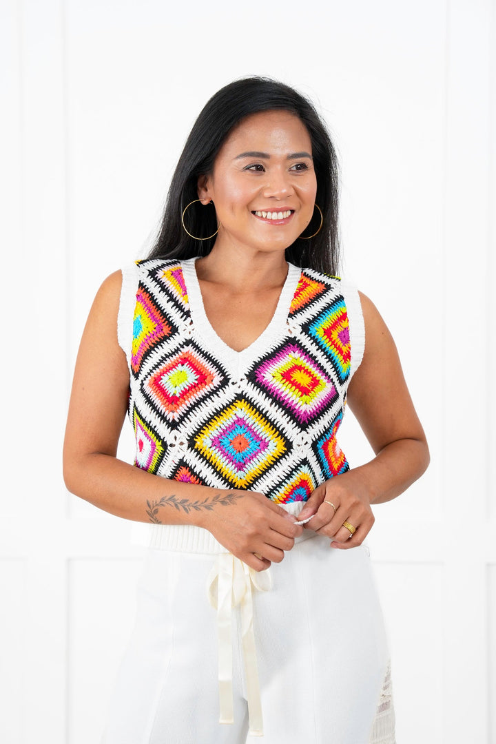 Granny Square Sleeveless V Neck Sweater Vest