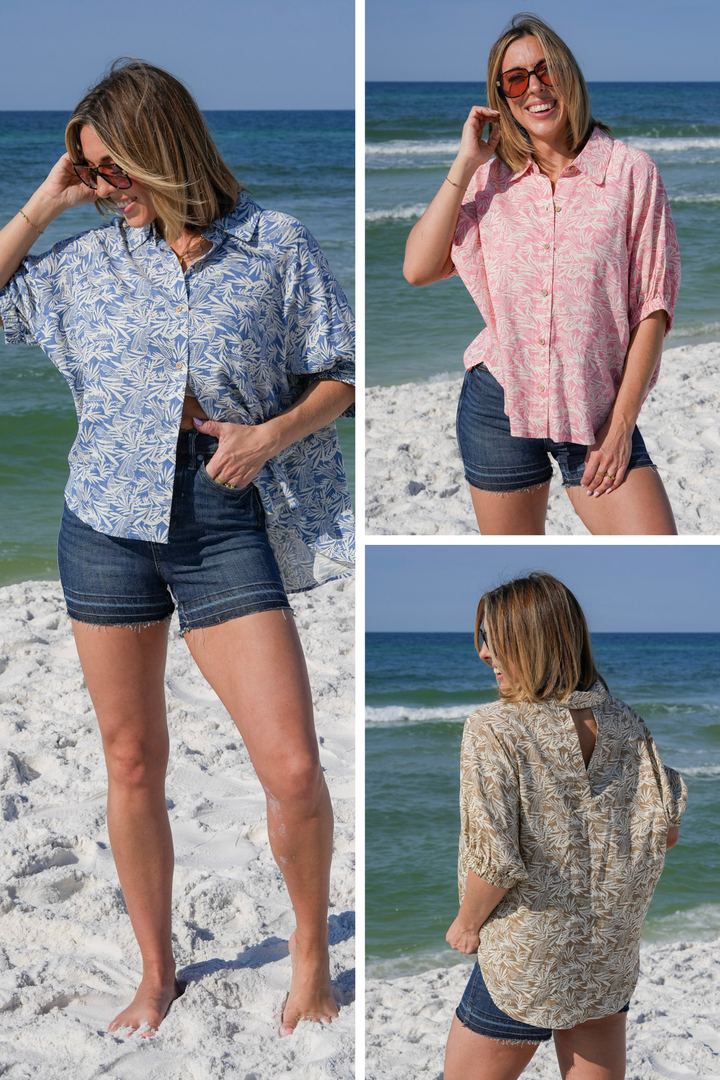 Tropical Print Short Doman Sleeve Button Down Top with Back Cut Out Detail