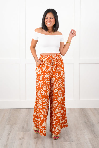 Plus/Reg Tropical Print Elastic Waist Wide Leg Pants