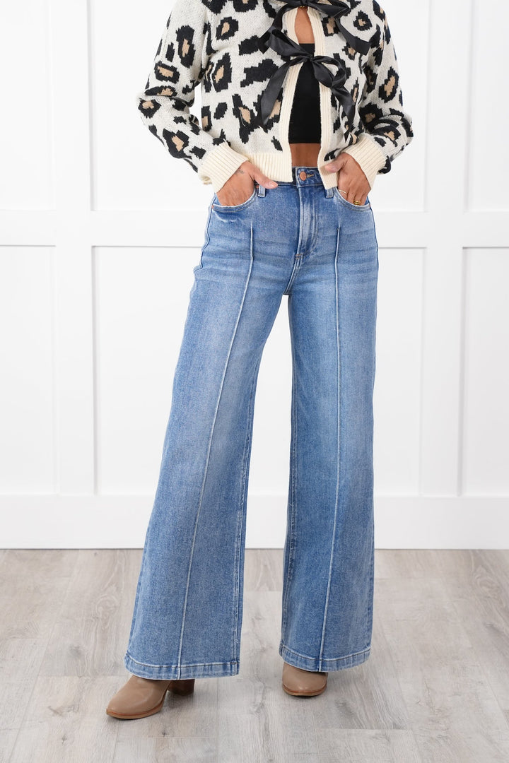 Risen High Rise Medium Wash Pintuck Detailed Wide Leg Jeans