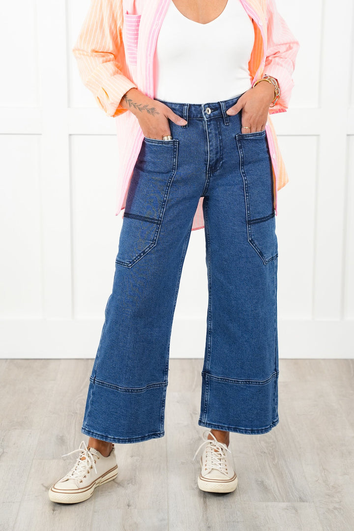 Special A High Rise Dark Wash Cropped Wide Leg Jeans with Extra Large Pockets