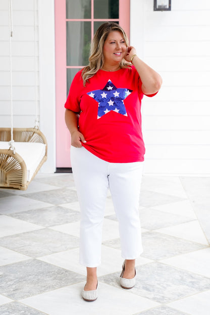 Plus/Reg Red Short Sleeve Top with Sequin Star Detail