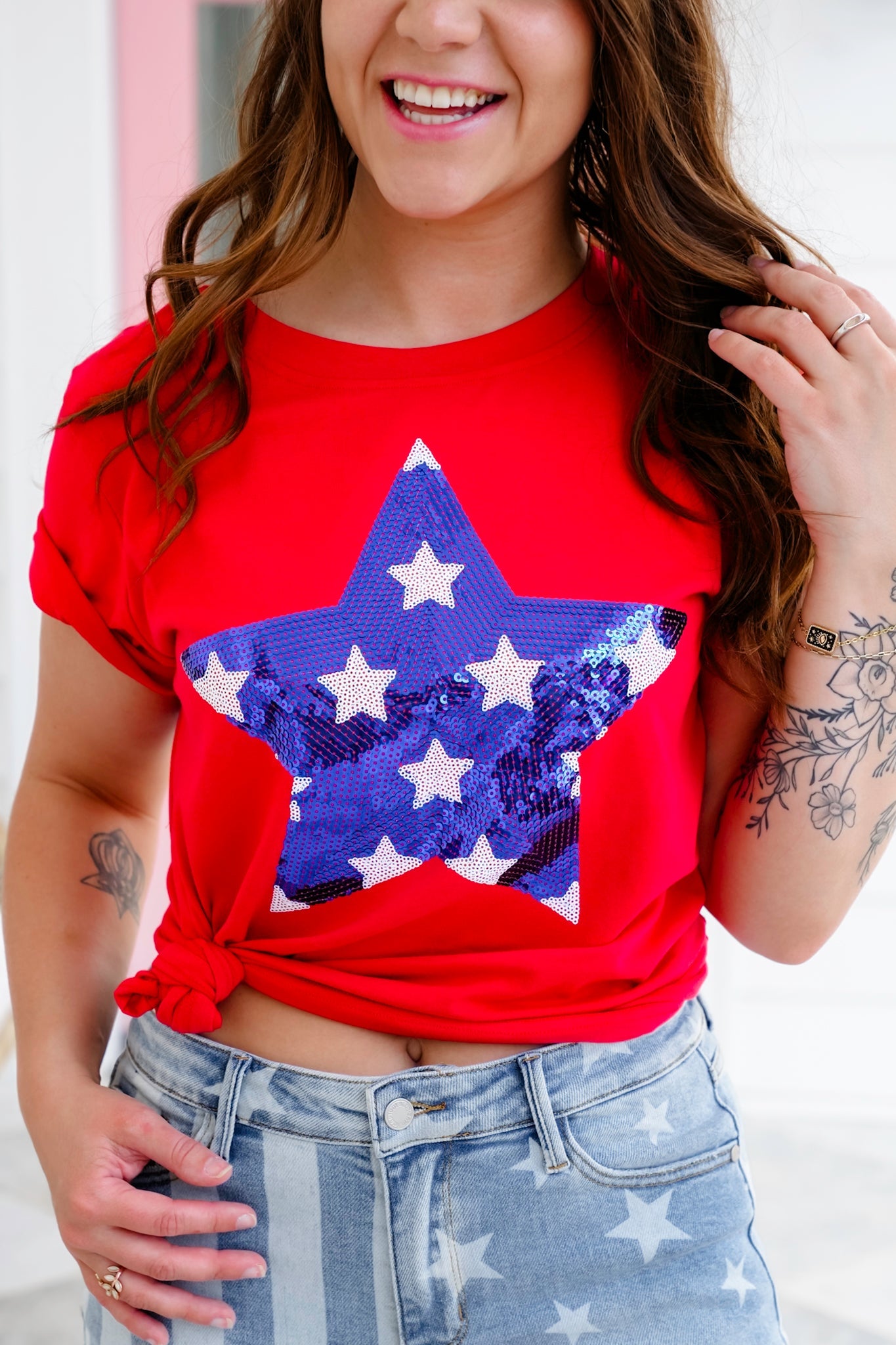 Plus/Reg Red Short Sleeve Top with Sequin Star Detail