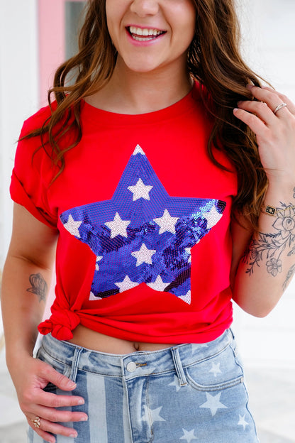 Plus/Reg Red Short Sleeve Top with Sequin Star Detail