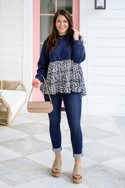 Navy Long Sleeve Sweatshirt with Floral Tiered Detail