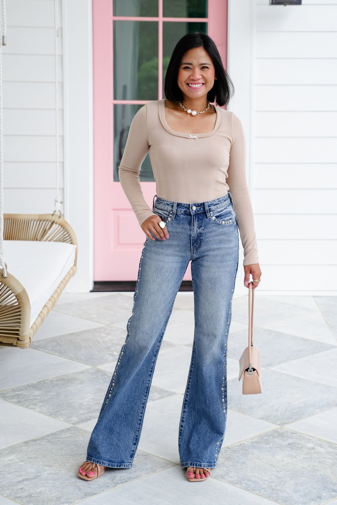 Knit Long Sleeve Square Neck Top with Bow Detail