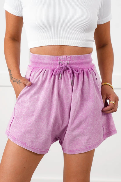 Mineral Wash Elastic High Waist Shorts with Side Pockets