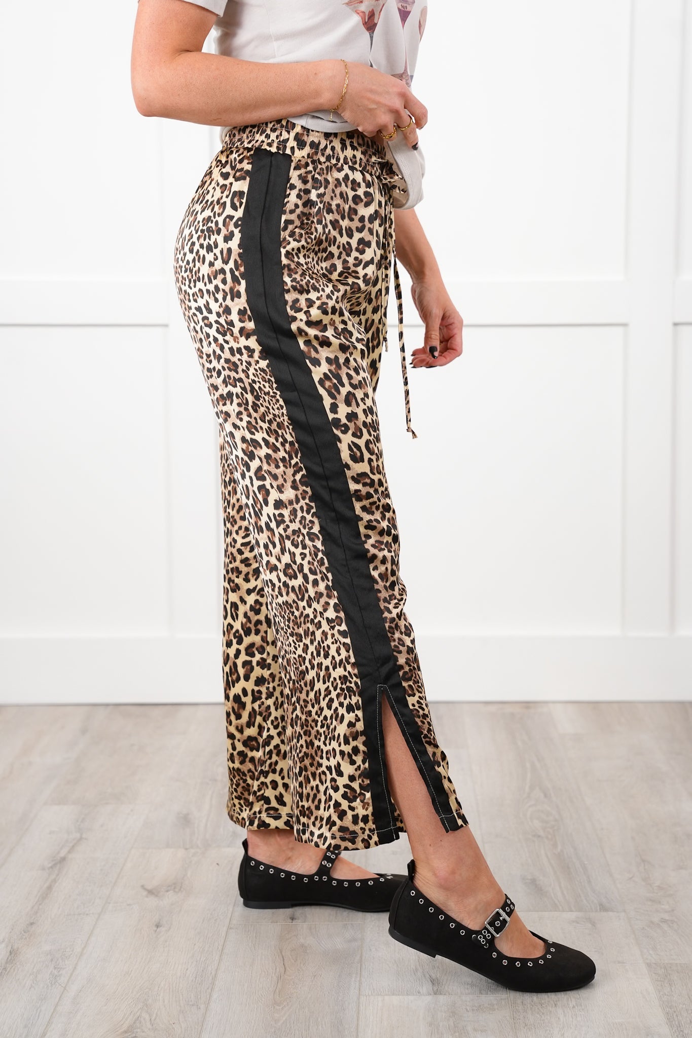 Leopard Elastic Waist Pull-On Pants with Stripe Detail