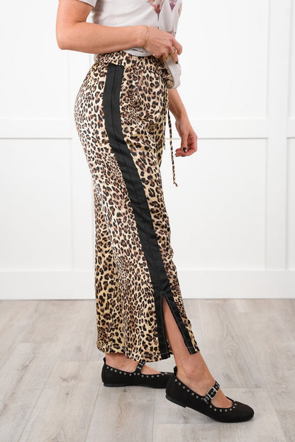 Leopard Elastic Waist Pull-On Pants with Stripe Detail