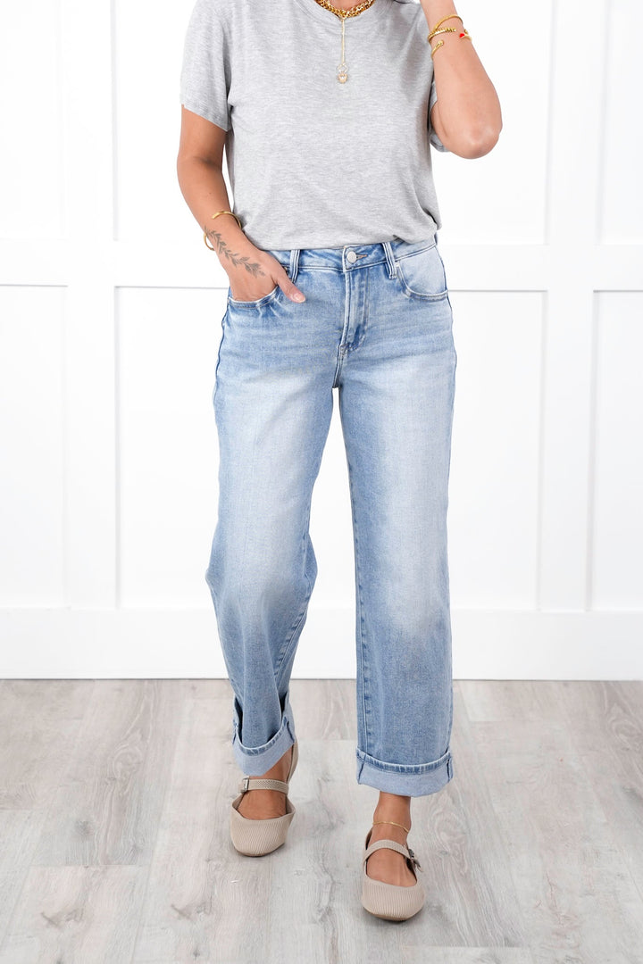 Risen High Rise Light Wash Ankle Barrel Jeans with Cuff