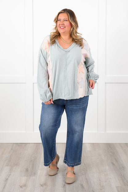 Plus/Reg Long Sleeve V Neck Top with Star Patch Detail