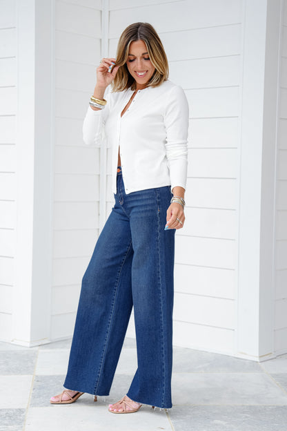 Risen High Rise Dark Wash Tummy Control Cuffed Wide Leg Jeans