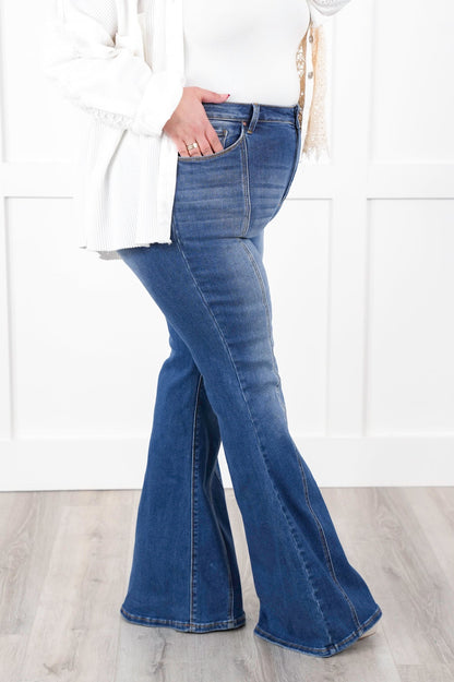 Risen High Rise Dark Wash Flare Jeans with Front Seam Detail