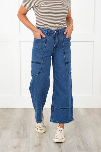 Special A High Rise Dark Wash Cropped Wide Leg Jeans with Extra Large Pockets