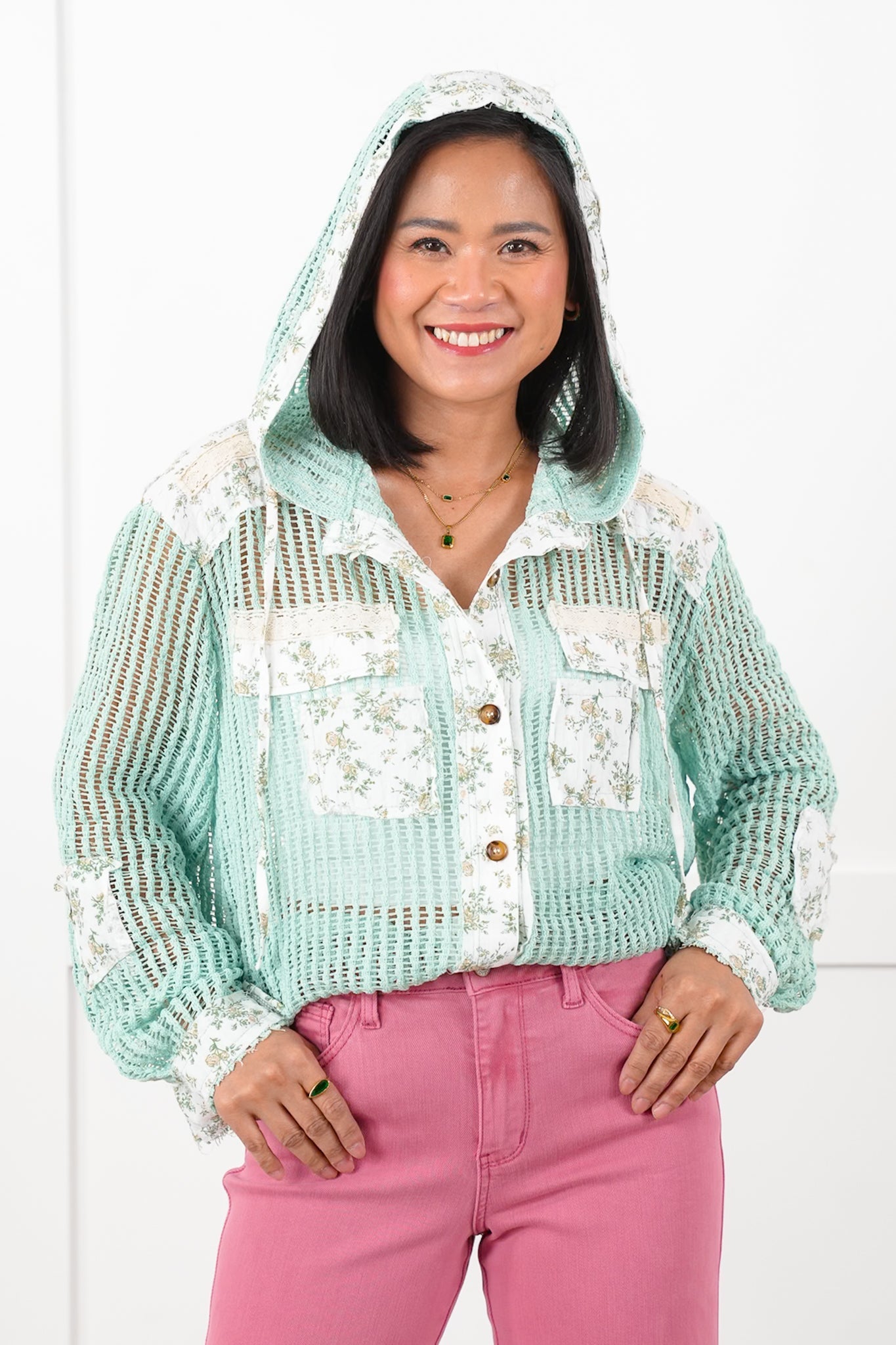 POL Crochet Long Sleeve Button Down Hooded Jacket with Floral Detail