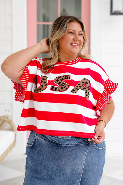 Stripe Ruffle Sleeve Top with Leopard "USA" Detail