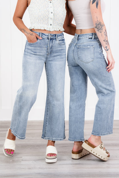 Risen Secret Sauce High Rise Medium Wash Cropped Wide Leg Jeans