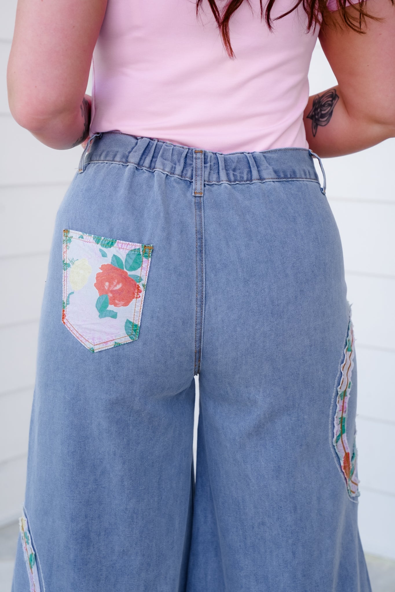 POL Vintage Wash Denim Wide Leg Pants with Peace Sign Patch Detail