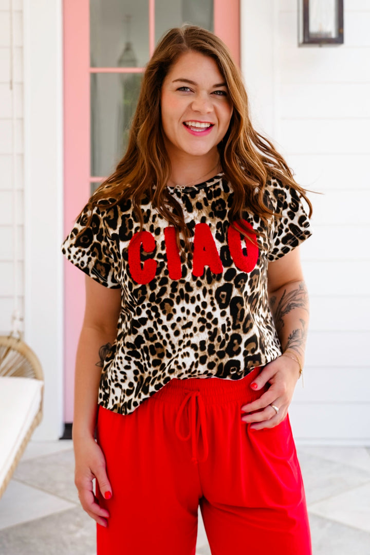 Plus/Reg Leopard Short Sleeve Top with "CIAO" Patch Detail