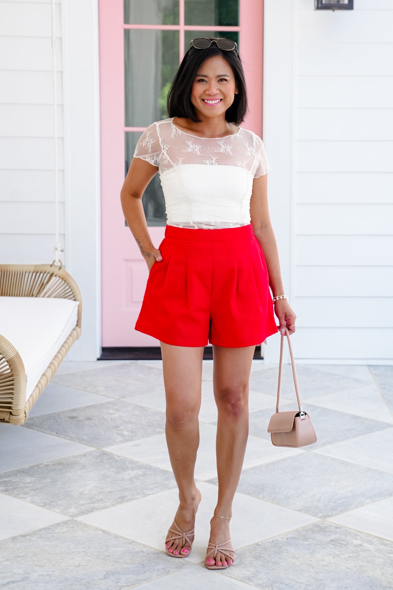 Floral Mesh Short Sleeve Top with Ruching Detail