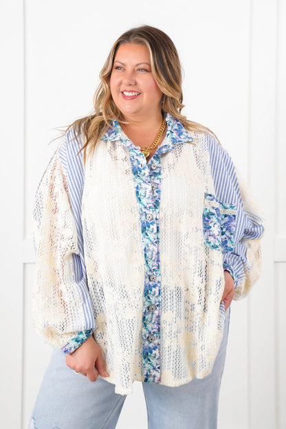 POL Stripe Long Sleeve Button Down Shacket with Floral and Lace Detail - New Colors!
