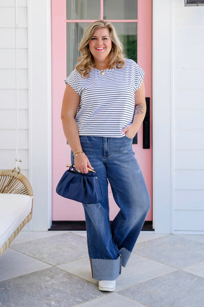 Plus/Reg Stripe Short Cap Sleeve Crew Neck Top