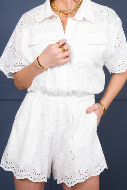 Eyelet Short Sleeve Button Up Romper with Chest Pockets