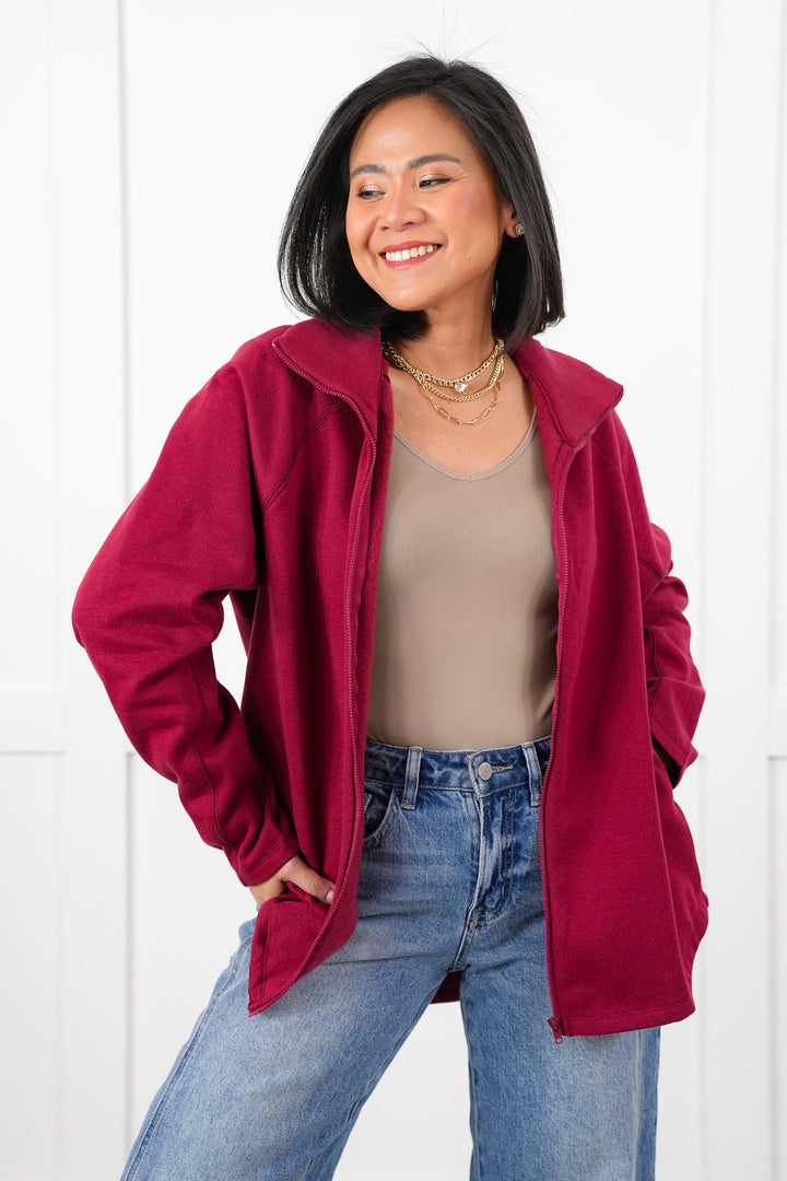 Burgundy Long Sleeve Mock Neck Zip Up Top with Side Pockets