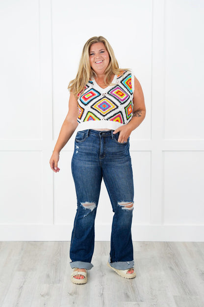 Granny Square Sleeveless V Neck Sweater Vest