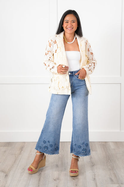 Natural Lace Long Sleeve Button Blazer