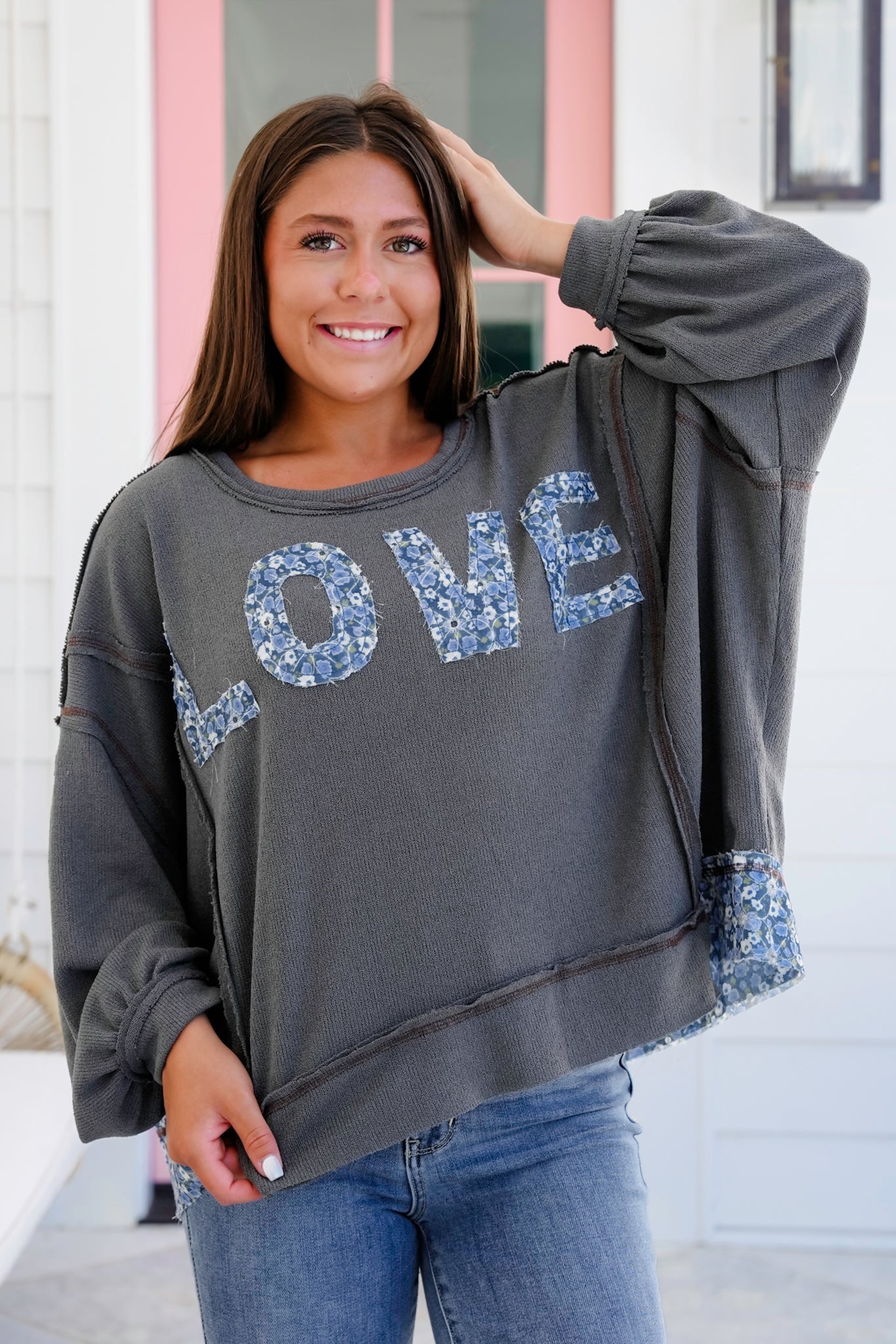 POL Knit Long Sleeve Top with Floral "Love" Patch Detail
