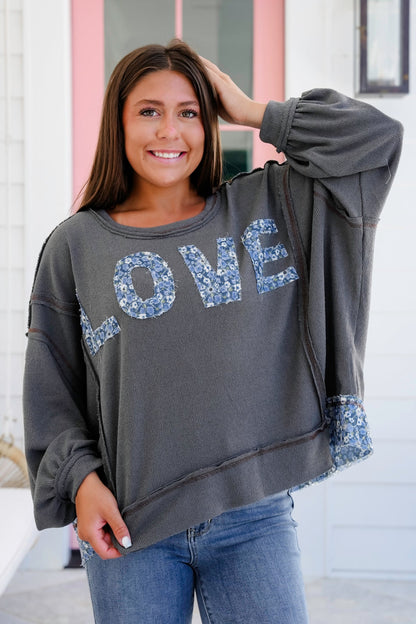 POL Knit Long Sleeve Top with Floral "Love" Patch Detail