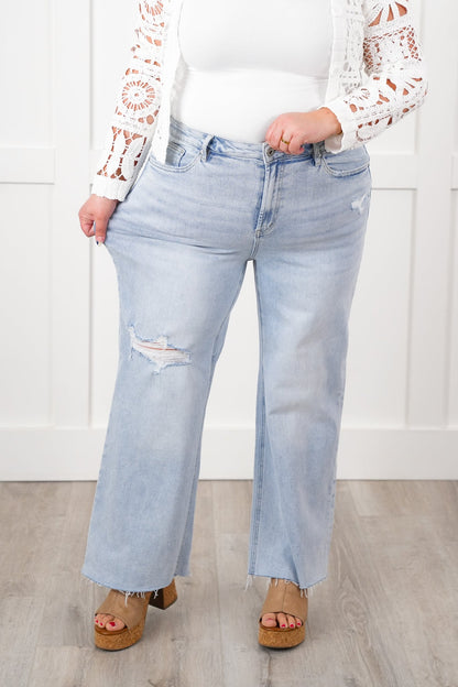 Mica High Rise Light Wash Raw Hem Wide Leg Jeans