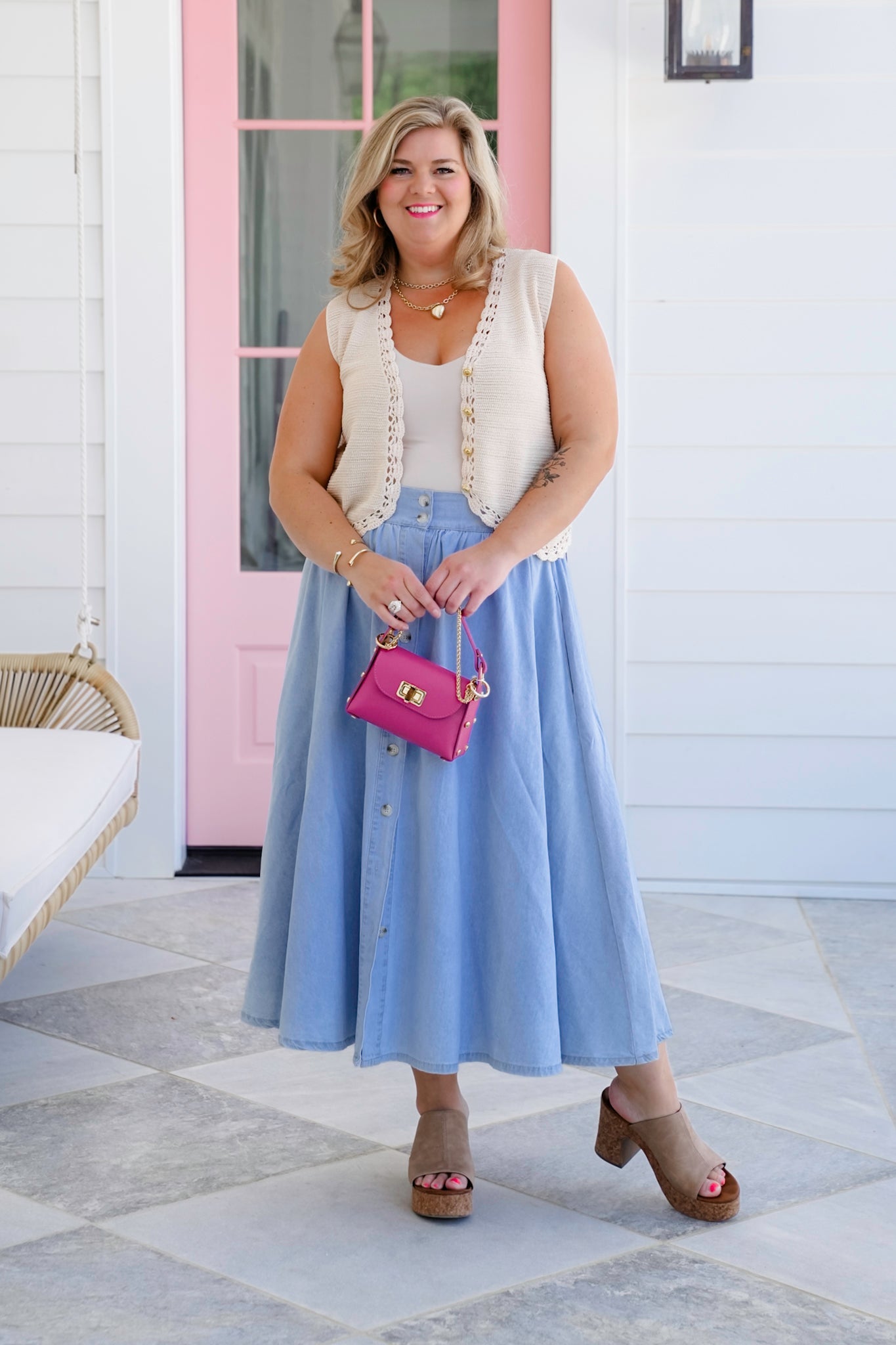 Button Down Sweater Vest with Crochet Trim Detail