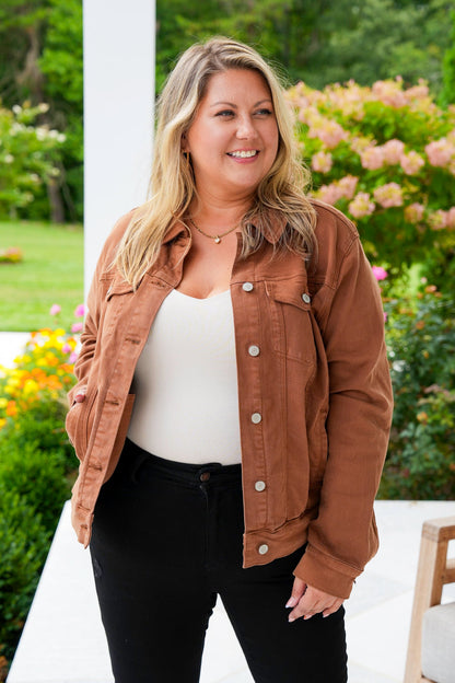 Plus/Reg Judy Blue Camel Denim Long Sleeve Button Down Jacket