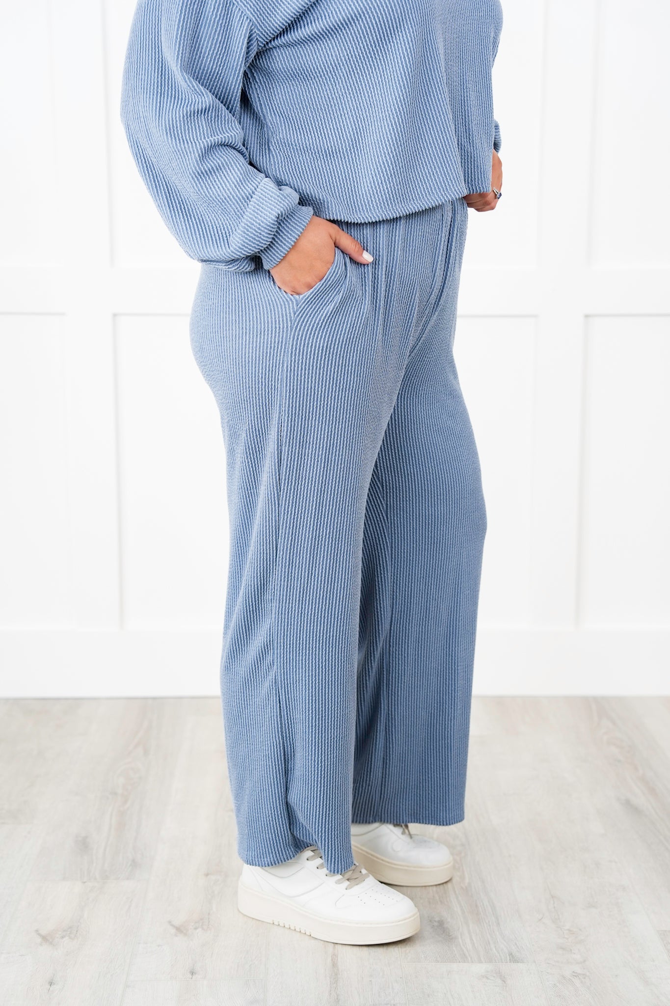Ribbed Long Sleeve Round Top With Elastic Waistband Lounge Pant Set (Multiple Colors)